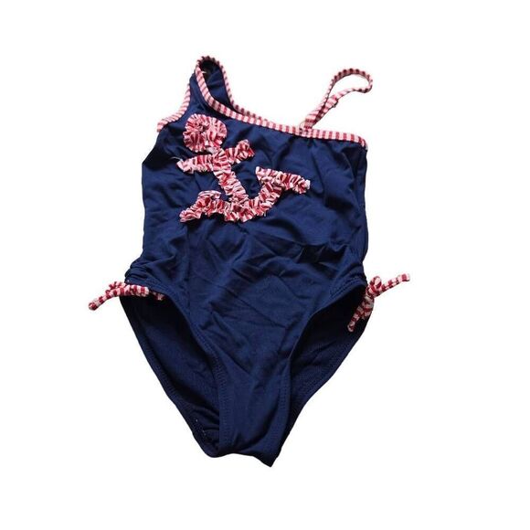 JANTZEN ONE PIECE SWIMSUIT GIRLS 5/6 BLUE Anchor Nautical Ruched - Picture 1 of 3